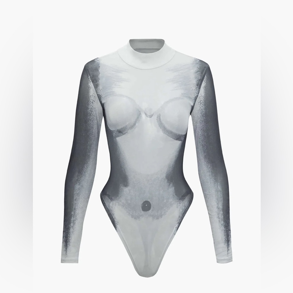 Body Print Mesh Long Sleeve Bodysuit